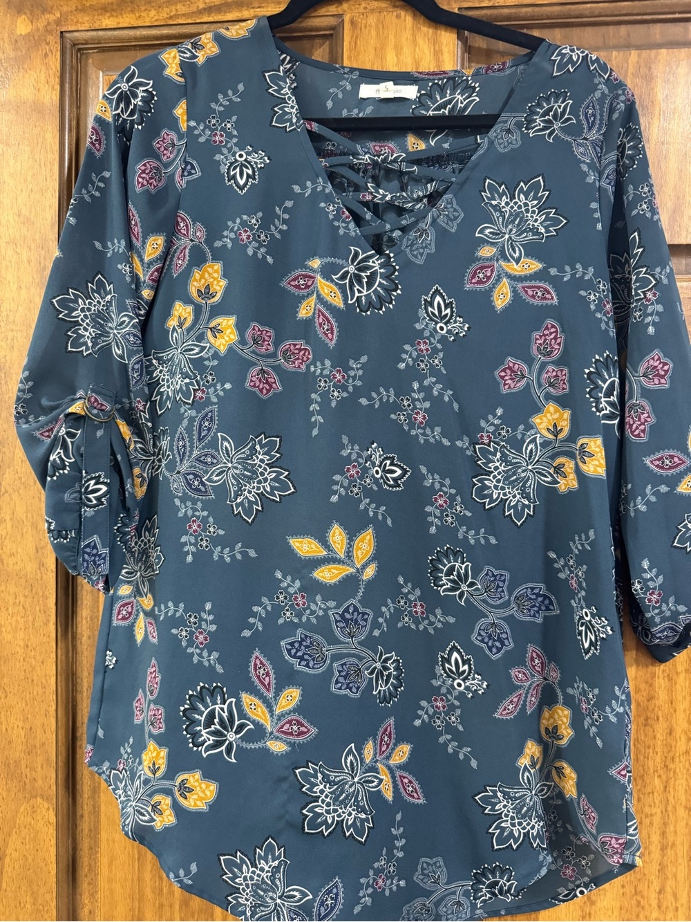 Maurices Teal Lace-Up Floral Tunic with Yellow & Pink Accents